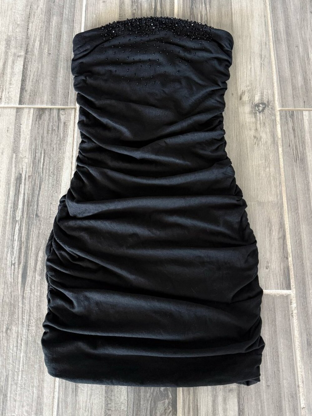 Express Black Strapless Bodycon Mini Dress Ruched Beaded Y2K Women's S